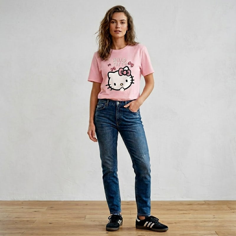 Sanrio Hello Kitty T Shirt rose poudré porté par une femme