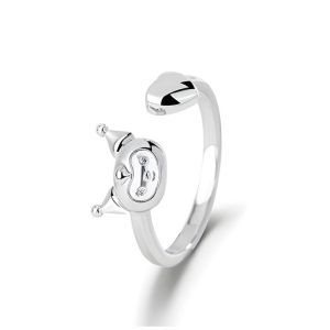 Bague Kuromi ouverte avec visage kuromi et coeur en acier inoxydable