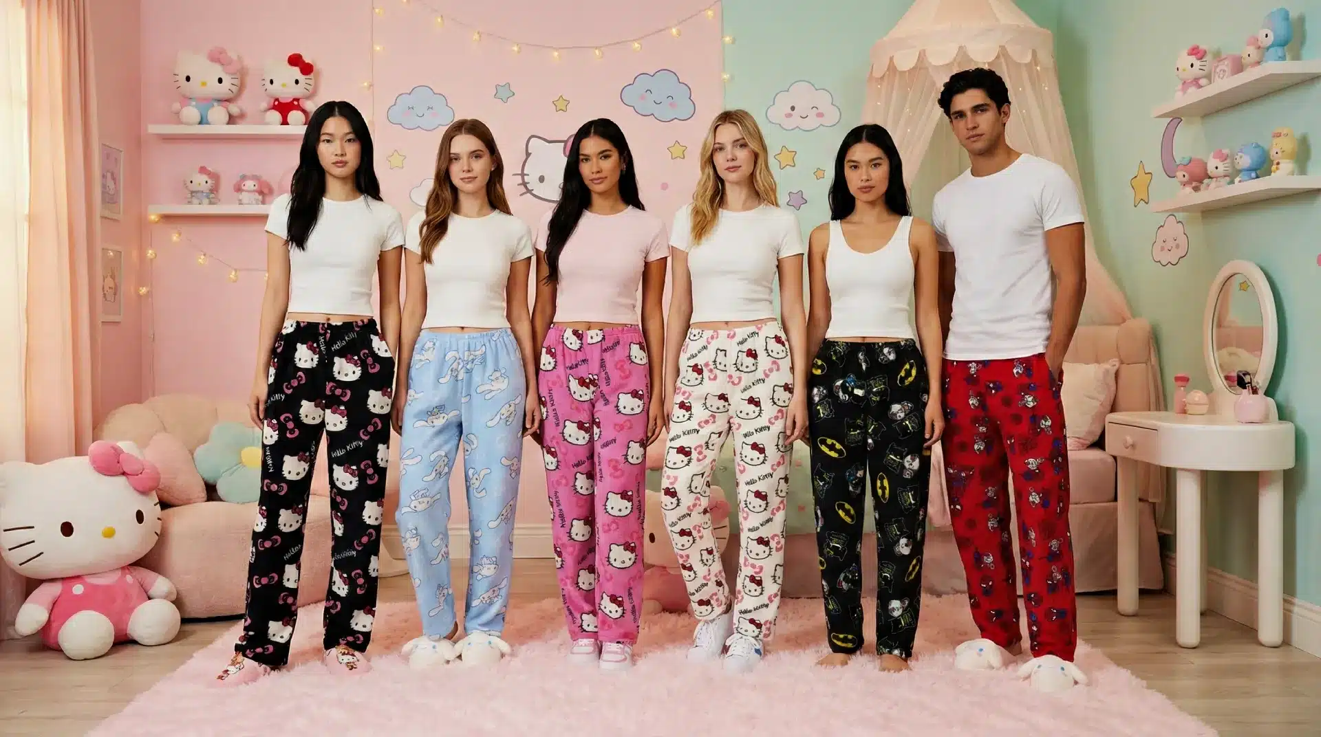 Ensemble de pyjama Hello kitty, Kuromy, My melody et Cinnamoroll portés par des hommes et femmes