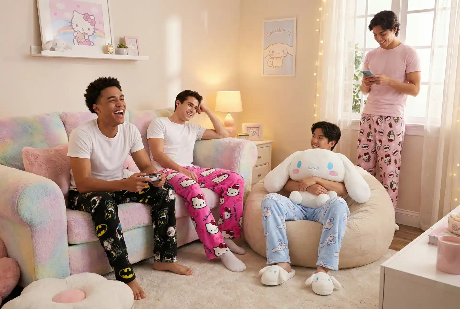 Hommes et garçons vêtus de pantaon de pyjama hello kitty et sanrio