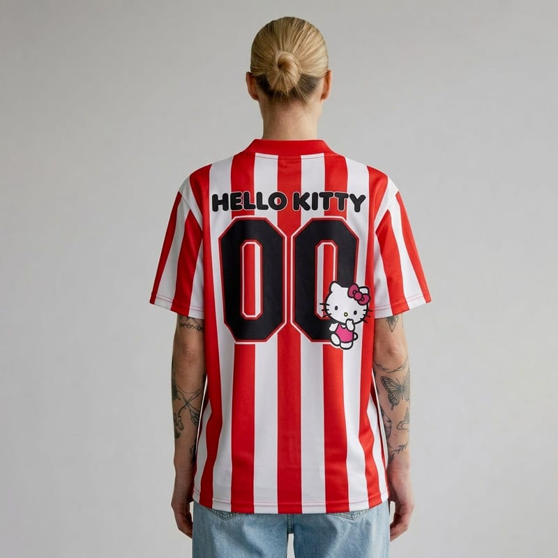 Maillot de foot Hello Kitty rouge porté de dos par une femme