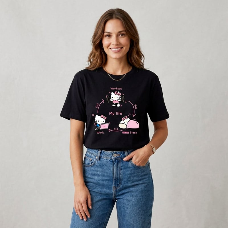 T Shirt Hello Kitty Adulte noir porté par une femme