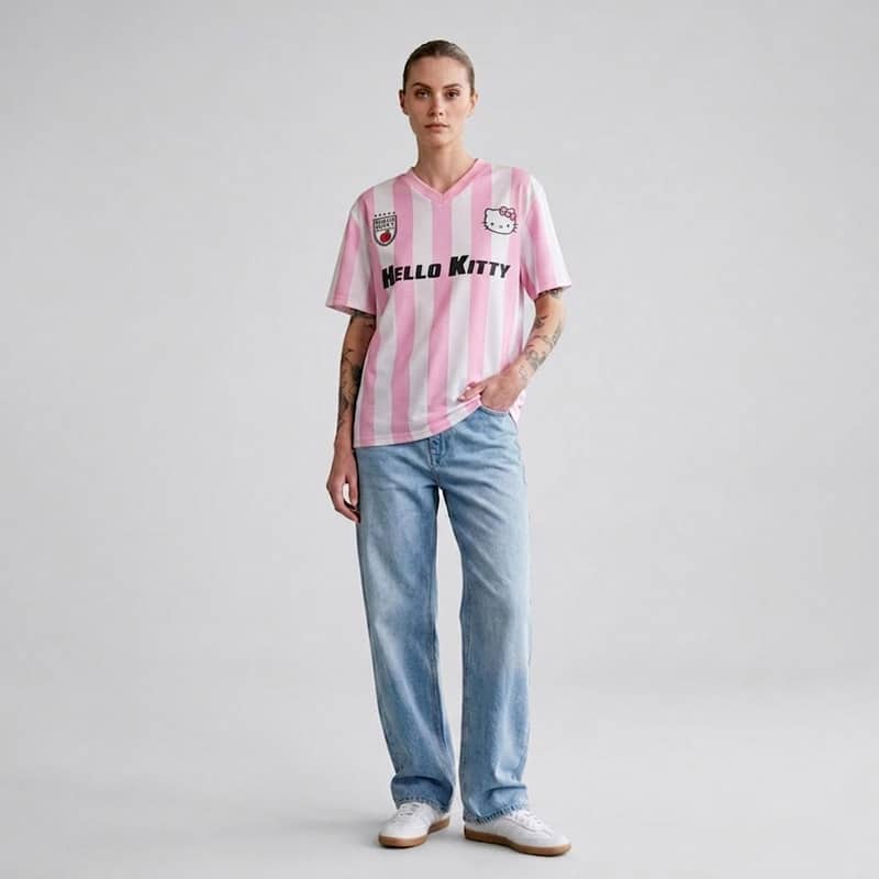 Maillot de foot Hello Kitty rose porté de face par une femme